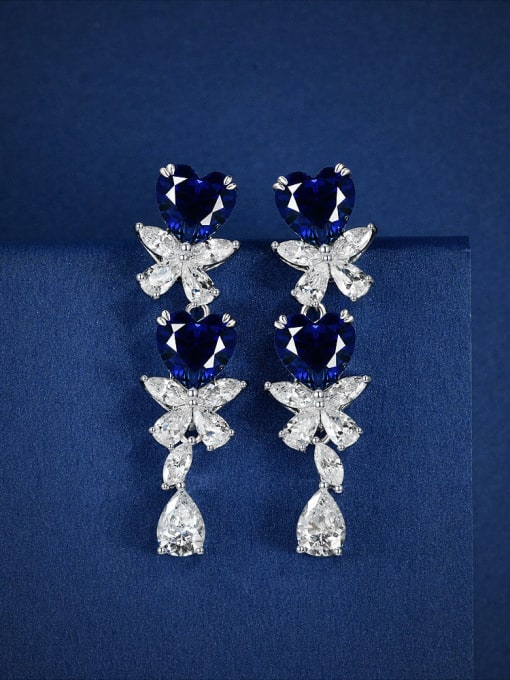 Blue corundum [E 2458] 925 Sterling Silver High Carbon Diamond Flower Luxury Cluster Earring